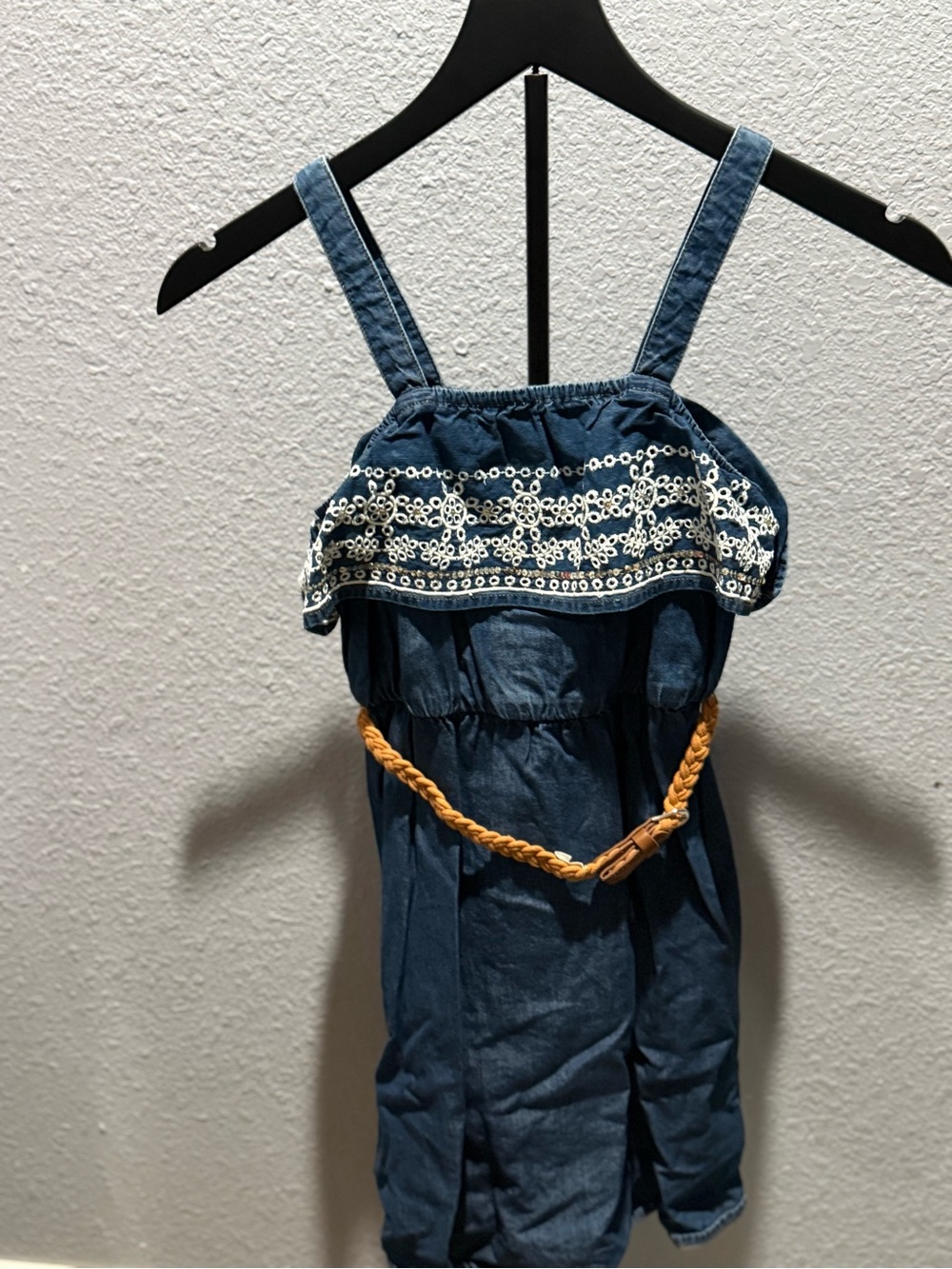 Justice Navy Blue Chambray Dress with Tan Braided Belt
